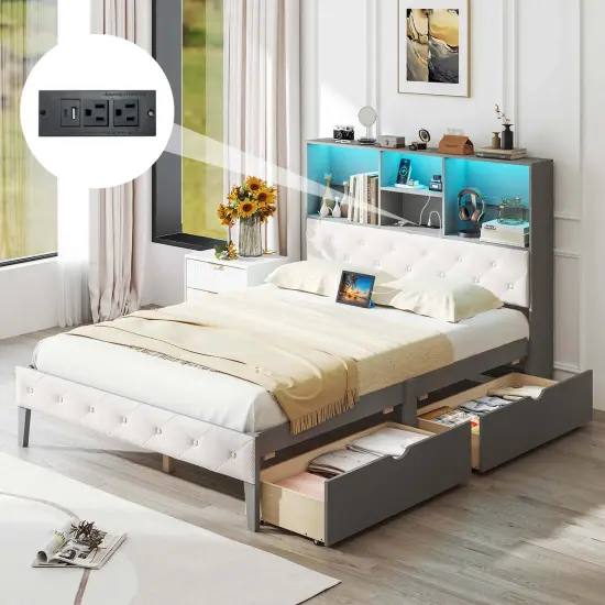 Costway Full Size Bed Frame with Bookcase Headboard Storage Bed with LED Lights Gray {4}