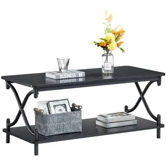 39-Inch Modern Rectangular Coffee Table with Metal Frame and Storage Shelf for Living Room Black & Brown {8}