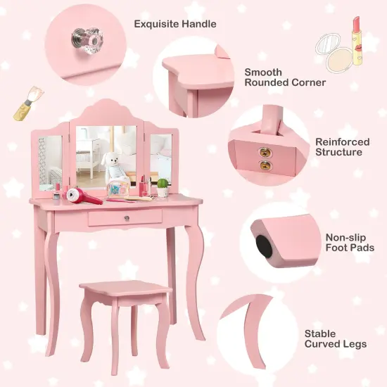 Costway Kids Vanity Table & Stool Princess Dressing Make Up Play Set for Girls White/Pink {6}
