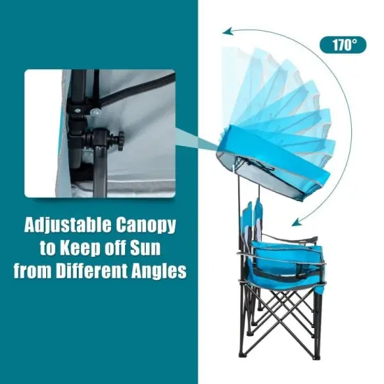 Steel Folding 2-Seater Camping Chair with Canopy and Cooler Light Blue {3}