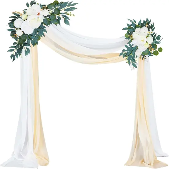 4 Pcs Wedding Arch Flowers and Drape Kit Include 2 Artificial Floral Swag and 2 White Chiffon Drapes {1}