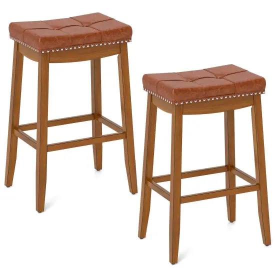 Costway 29" Bar Height Stools Set of 2/4 with PU Leather Seat Solid Rubber Wood Frame {7}
