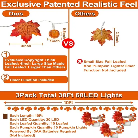 3 Pack & Timer - Fall Garland with Pumpkin Lights - 30Ft 60 LED {3}