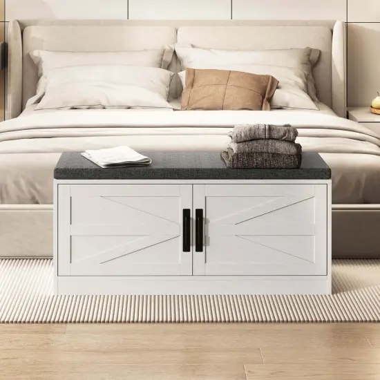 Costway Shoe Bench Farmhouse Shoe Rack Organizer with Cushion 2 Doors 2 Adjustable Shelves {4}