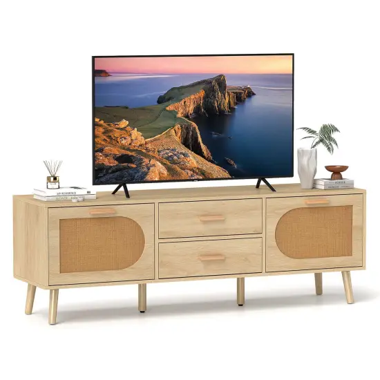 Costway Rattan TV Stand for 65-Inch TV 59" TV Console Cabinet Boho Entertainment Center {1}