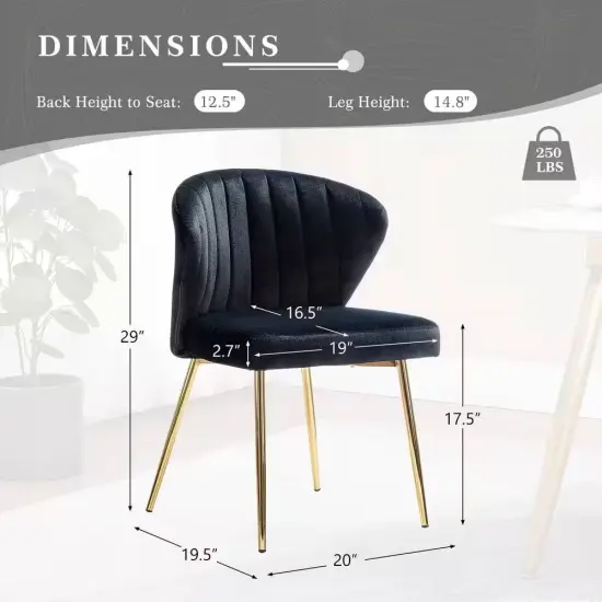 Velvet Upholstered Wingback Armless Side Chair with Gold Metal Legs for Living Room or Dining Black {3}