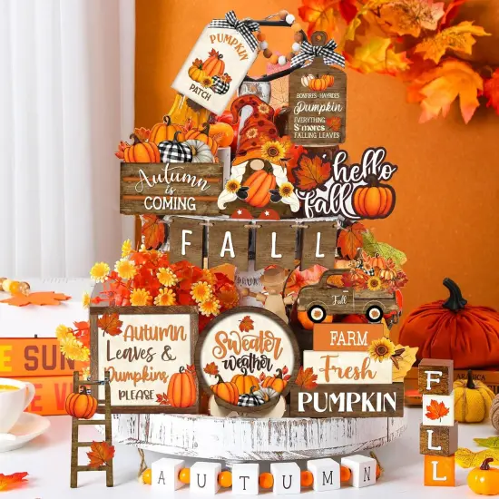 21 Pcs Fall Thanksgiving Tiered Tray Decor Set Pumpkin Gnome(Vintage) {5}