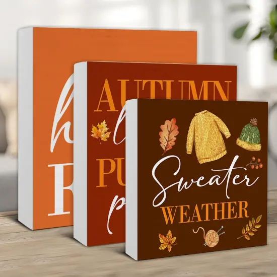3 Pieces Fall Wood Signs Decor Autumn Wood Block Signs {3}