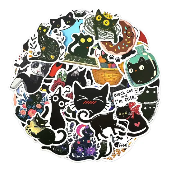 Wrapables Waterproof Vinyl Stickers for Water Bottles, Laptop, Phones, Skateboards, Decals for Teens, 100pcs, Black Cats {1}