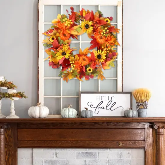 Fall Wreath Sunflower Pumpkins Berries Maple Leaves Daisies {3}