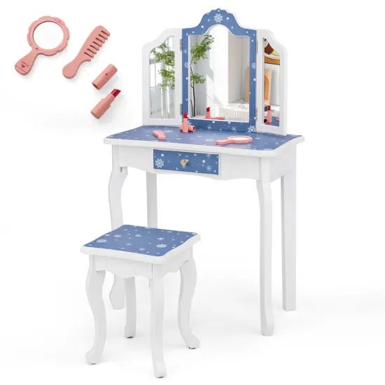 Costway Kids Vanity Table & Stool Set with Cute Polka Dot Print Tri-folding Mirror Drawer Pink&White/Light Pink&White/Pink&Black/Blue/Pink {11}