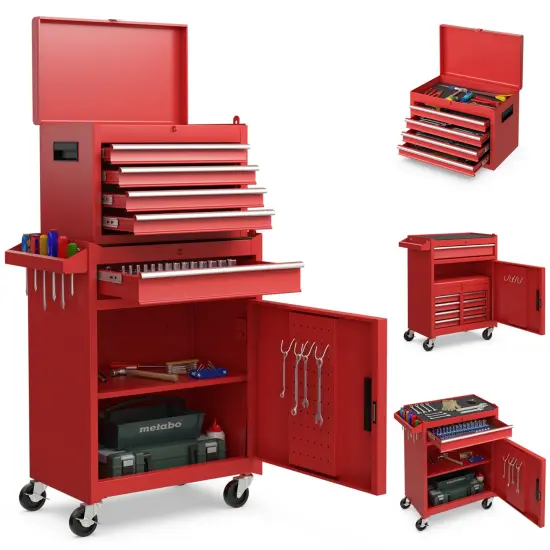 2 in 1 Tool Chest & Cabinet with 5 Sliding Drawers Rolling Garage Organizer {11}