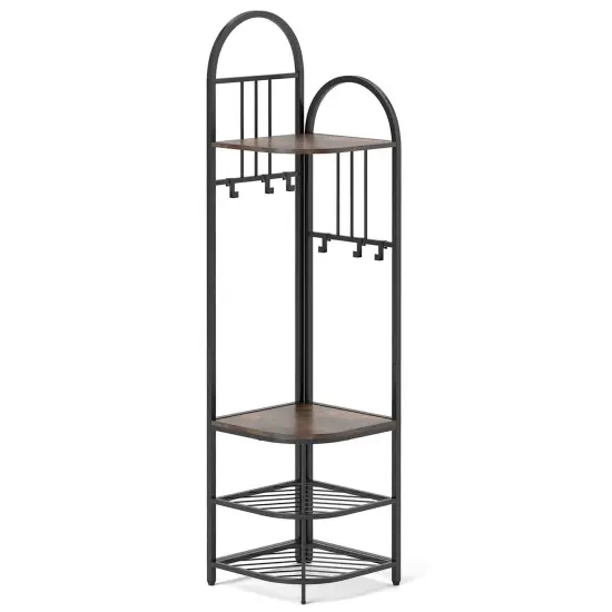 Costway 4-Tier Coat Rack Corner Hall Tree with Shoe Storage Bench 6 Removable Hooks Bedroom Brown/Natural/White {7}