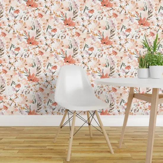 Non-Pasted Wallpaper 2FT Wide Peach Flowers Spring Coral Orange Pink Earth Tones Nursery Girl Sweet Cute Traditional Wallpaper by Spoonflower {1}