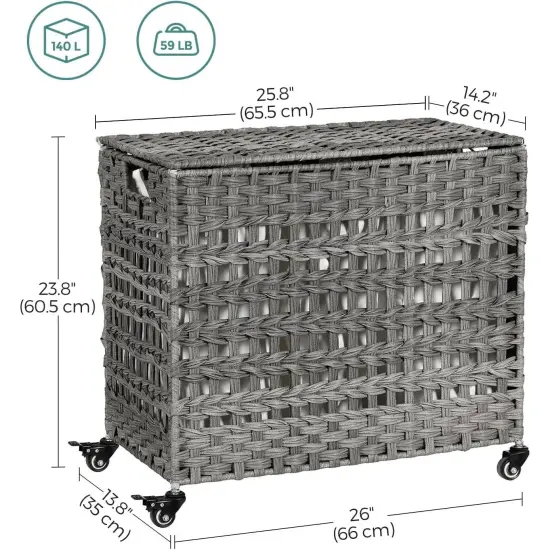 3-Basket Foldable Laundry Sorter Cart with Removable Bags and Locking Wheels for Home Grey {2}