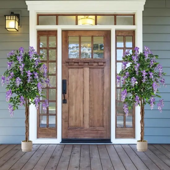 Costway 1/2 PCS 5.5 FT Tall Artificial Ficus Tree Faux Wisteria Plant in Nursery Pot Decoration Pink/Purple {11}