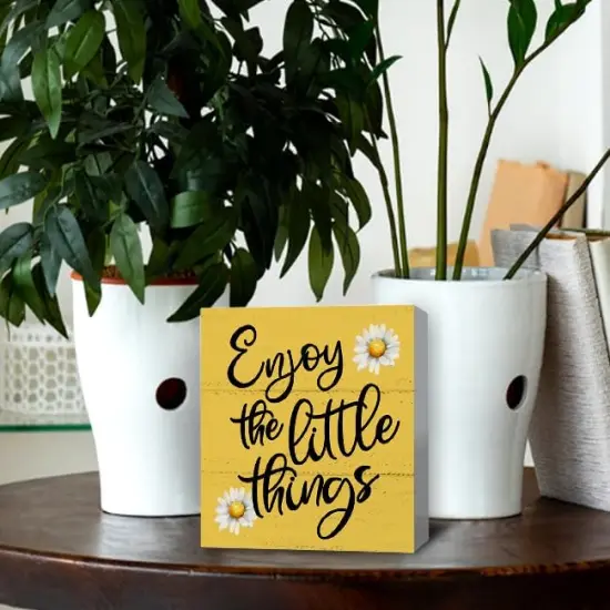 Summer Daisies Wooden Box Sign For Tabletop Decor, Bathroom Shelf Decoration, Farmhouse Living Room Bedroom Wall Decor, Enjoy The Little Things Sign {3}