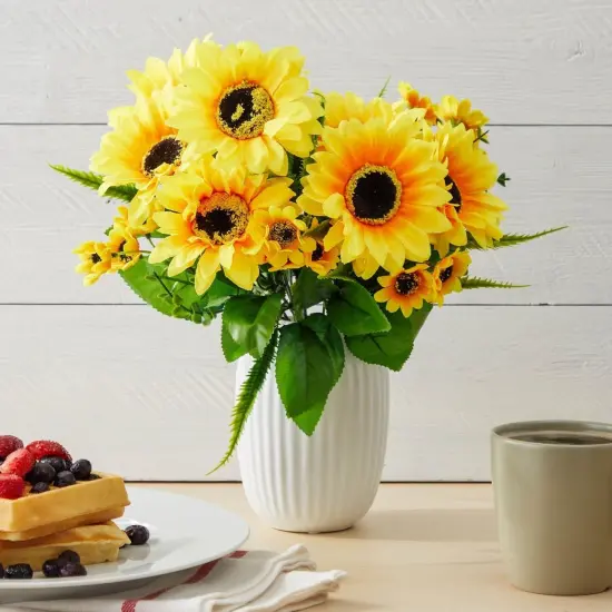2 Bunches Artificial Sunflowers with Stems for Faux Floral Arrangements, Fake Sunflowers for Home Decor, Kitchen, Table Centerpieces, and Wedding Decor (6x7x14 in) Yellow {4}