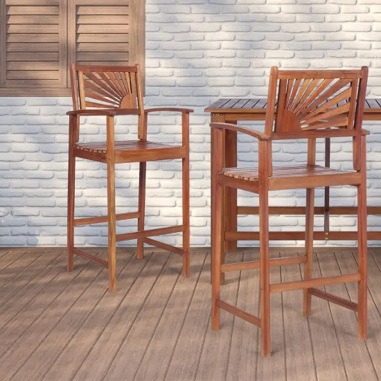 Costway Set of 2 Bar Stools 29inch Acacia Wood Pub Chairs Outdoor w/ Armrests {2}