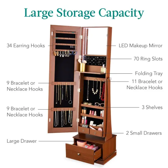 Best Choice Products 360 Swivel Standing Mirrored Jewelry Cabinet, LED-Lit Makeup Organizer w/ Mirror Walnut {5}