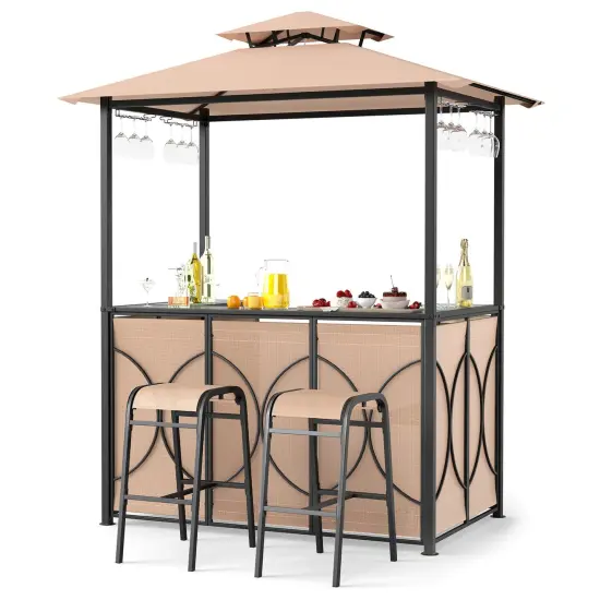 Costway 6.5 x 4 x 8 FT Grill Gazebo Set with 2 Bar Stools, Tempered Glass Bar Table Brown/Gray {1}