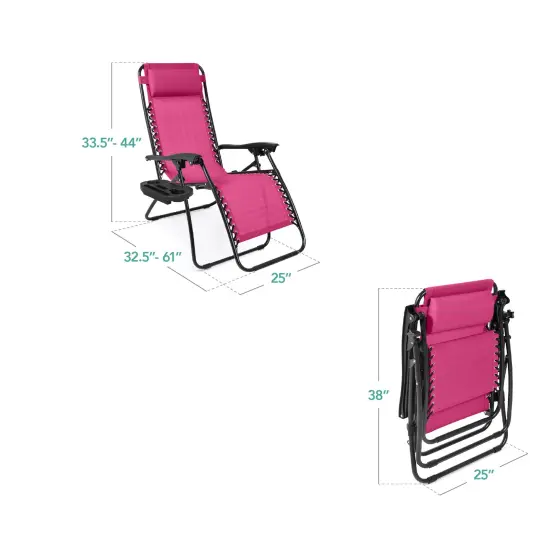 Best Choice Products Set of 2 Zero Gravity Lounge Chair Recliners for Patio, Pool w/ Cup Holder Tray Hot Pink {2}