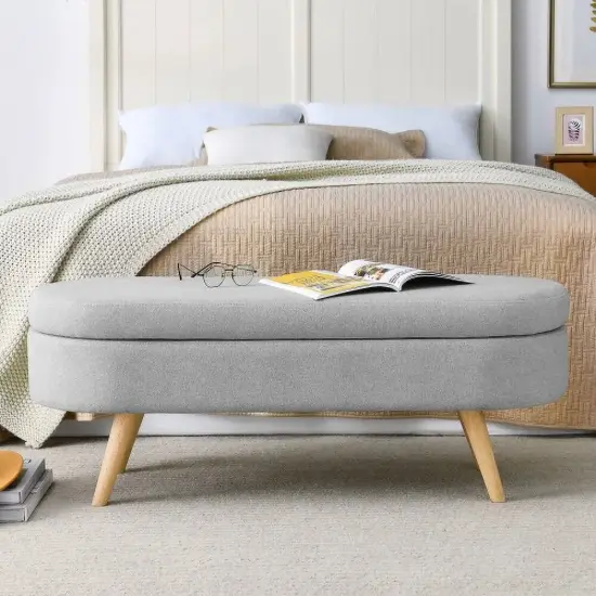 Linen Upholstered Modern Storage Bench with Wood Legs and Flip-Top Grey {4}