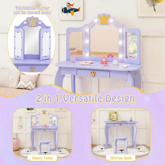 Costway Kids Vanity Set Princess Vanity Table & Chair Set with Lighted Mirror White/Pink/Purple {5}
