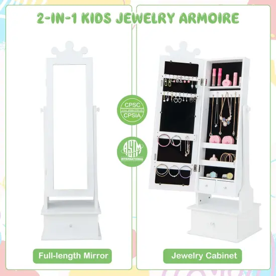 Costway Kid Freestanding Jewelry Armoire 2-in-1 Full Length Mirror Storage Drawer Pink/White {6}