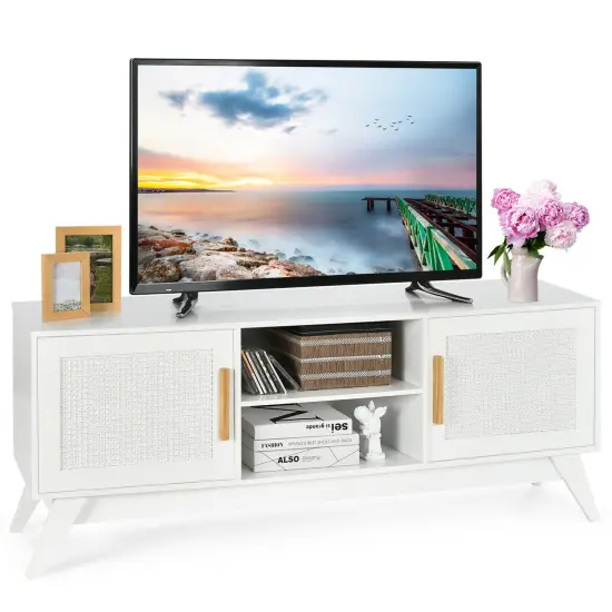Costway TV Stand Entertainment Media Console w/ 2 Rattan Cabinets & Open Shelves {1}