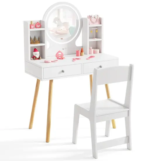 Costway Kids Vanity Set Princess Vanity Desk Set with 2-Color LED Lighted Acrylic Mirror White/Pink {8}