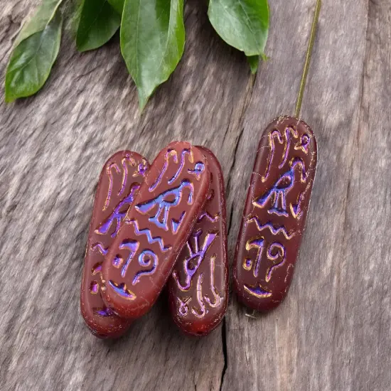 *6* 25x10mm Matte Red Opaline Rainbow Metallic Egyptian Cartouche Oval Beads {1}