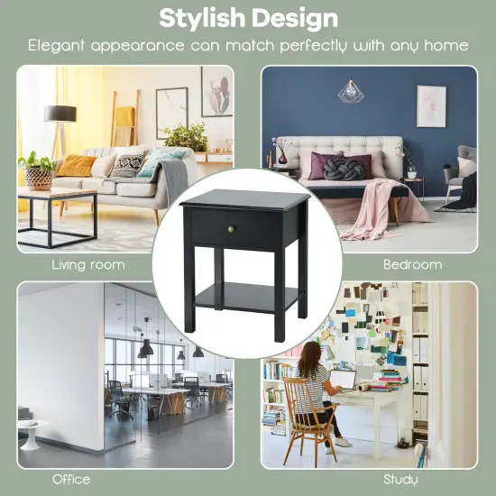 Costway End Table Nightstand Storage Display Drawer Shelf Beside Bedroom White\Black {6}