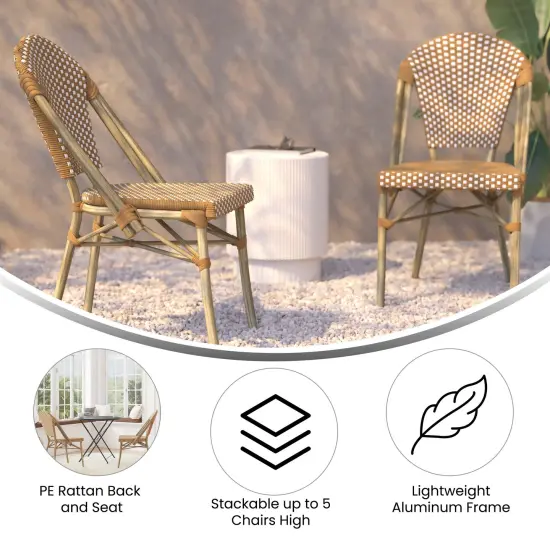 Merrick Lane Celia Indoor/Outdoor Stacking Bistro Chair with Aluminum Frame Nat&White/LightNat {4}