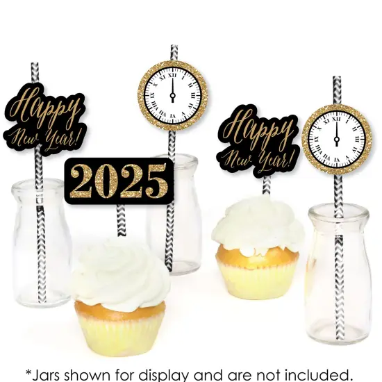 Big Dot of Happiness New Year's Eve - Gold Paper Straw Decor - 2025 New Years Eve Party Striped Decorative Straws - Set of 24 {6}