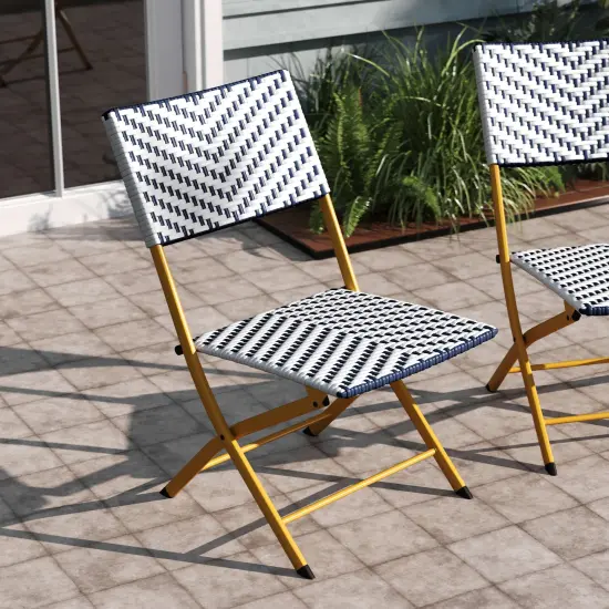 Emma and Oliver Ciel Set of Two Folding Bistro Chairs in PE Rattan with Metal Frames for Indoor and Outdoor Use Navy & White {3}