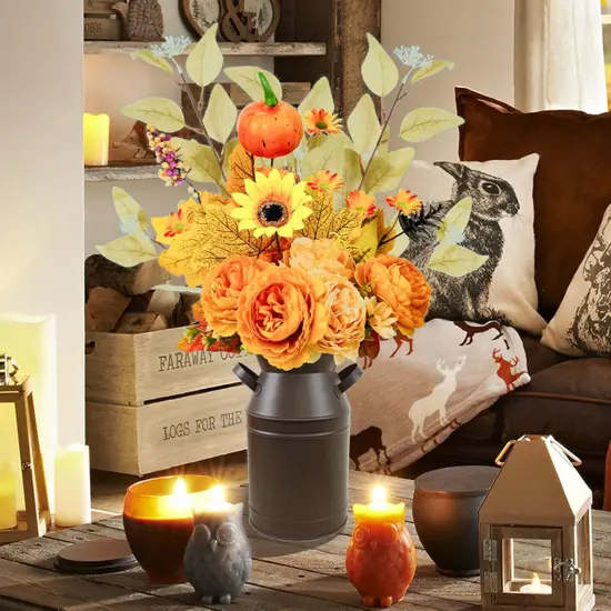 Artificial Fall Flowers with Metal Pot, Faux Silk Flower Arrangements {2}