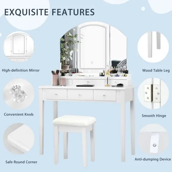 Costway Vanity Table Stool Set Large Tri-folding Lighted Mirror 6 Drawer Dresser White\Black {4}