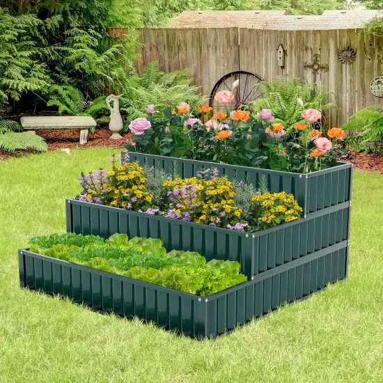 Costway 1/2 PCS 3-Tier Raised Garden Bed,47" x 47" x 24" Metal Outdoor Elevated Planter Box Black/Green {2}