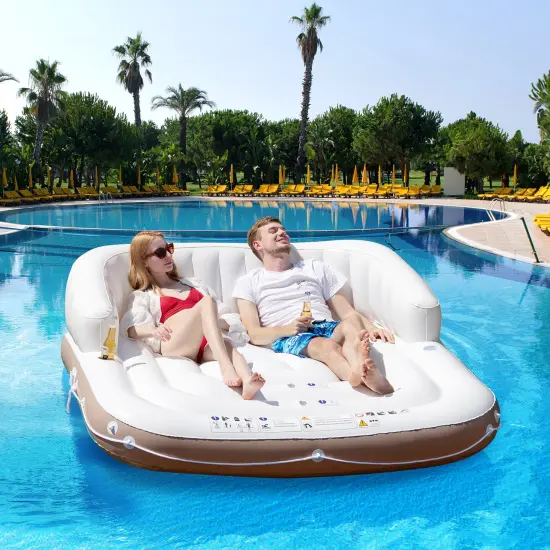 Costway Floating Island Inflatable Swimming Pool Float Lounge Raft with Canopy SPF50+ Retractable Detachable Sunshade with Two Cup Holders White {3}