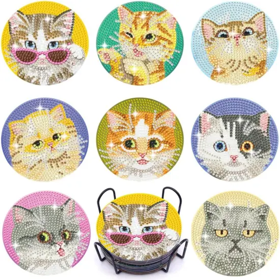 Cats Diamond Art Coasters with Holder, Crafts Kits for DIY Coasters, Diamond Art Kits for Adults, Small Diamond Painting Coasters Kit Art Craft Supplies (Cute Cats) {1}