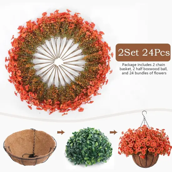 2 Pcs Artficial Orange Fall Outdoor Flowers with Hanging Baskets {3}