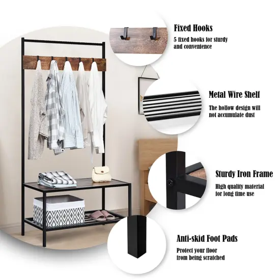 COSTWAY 3 in 1 Industrial Coat Rack Shoe Bench Entryway Hall Tree Storage Shelf w/ Hooks {9}