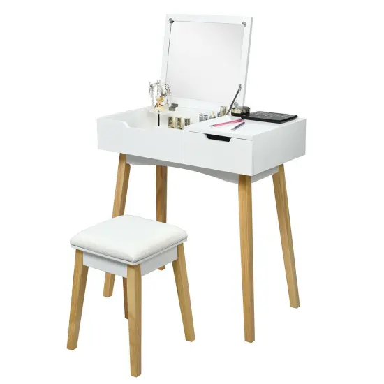 Costway Vanity Makeup Table Cushioned Stool Set W/Flip Top Mirror &1 Drawer Writing Desk {2}