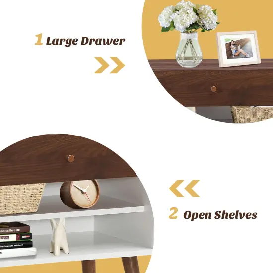 Costway Nightstand End Side Table Drawer Storage Shelf Mid-Century Rubber Wood Leg {6}