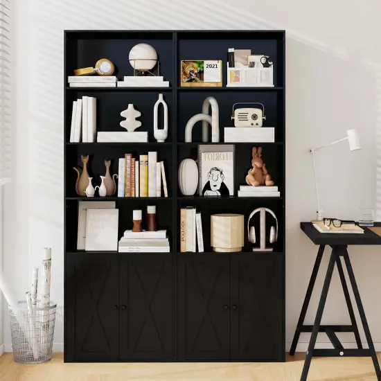 Costway 71" Farmhouse Bookcase with Doors with 6 Shelves & 2-Door Cabinet for Bedroom White/Black {5}