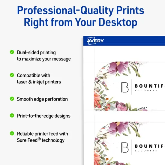 Avery Printable Single Rounded Corner Rectangle Business Cards, Sure Feed Technology, 2" x 3-1/2", Matte White Cardstock, Print-to-The-Edge, Laser/Inkjet Printable, 80 Total {8}