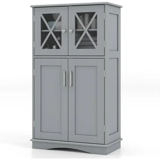 Black Bathroom Towel Linen Cabinet with Glass Doors and Storage Shelves Grey {4}