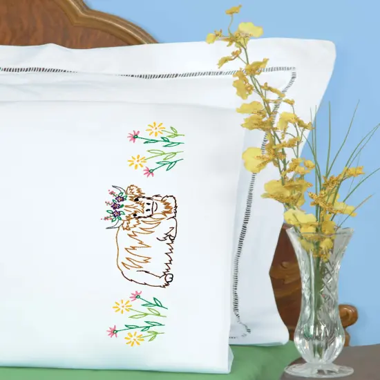 Jack Dempsey Stamped Pillowcases W/White Perle Edge 2/Pkg-Highland Cow {3}