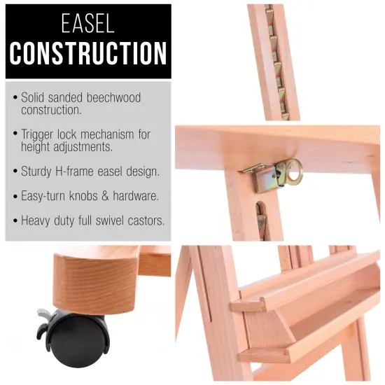 Medium Wooden Studio H Frame Easel with Storage Tray and Wheels - Adjustable to 96" High, Holds 48" Canvas - Beechwood Artist Easel for Painting, Art Display, Portraits {5}